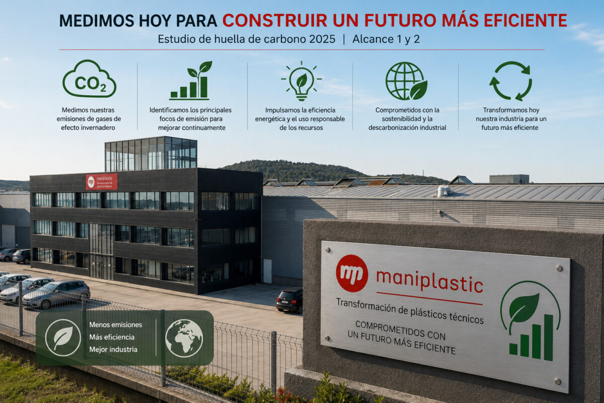 Maniplastic avanza en la reducción de su huella de carbono y apuesta por una industria más eficiente 1 nstalaciones de Maniplastic en Burgos con elementos visuales sobre la medición de la huella de carbono, la eficiencia energética y la sostenibilidad industrial.