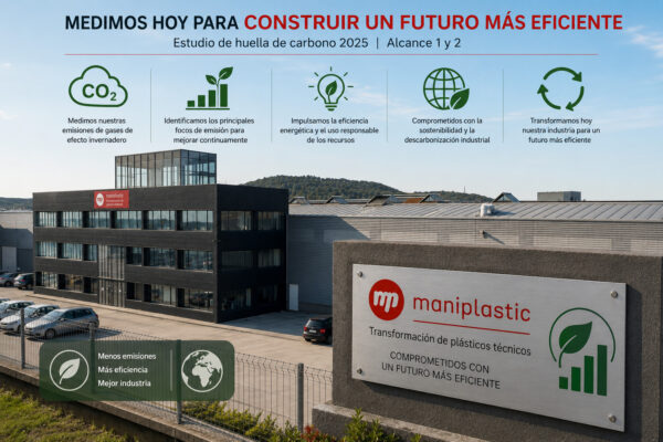 nstalaciones de Maniplastic en Burgos con elementos visuales sobre la medición de la huella de carbono, la eficiencia energética y la sostenibilidad industrial.